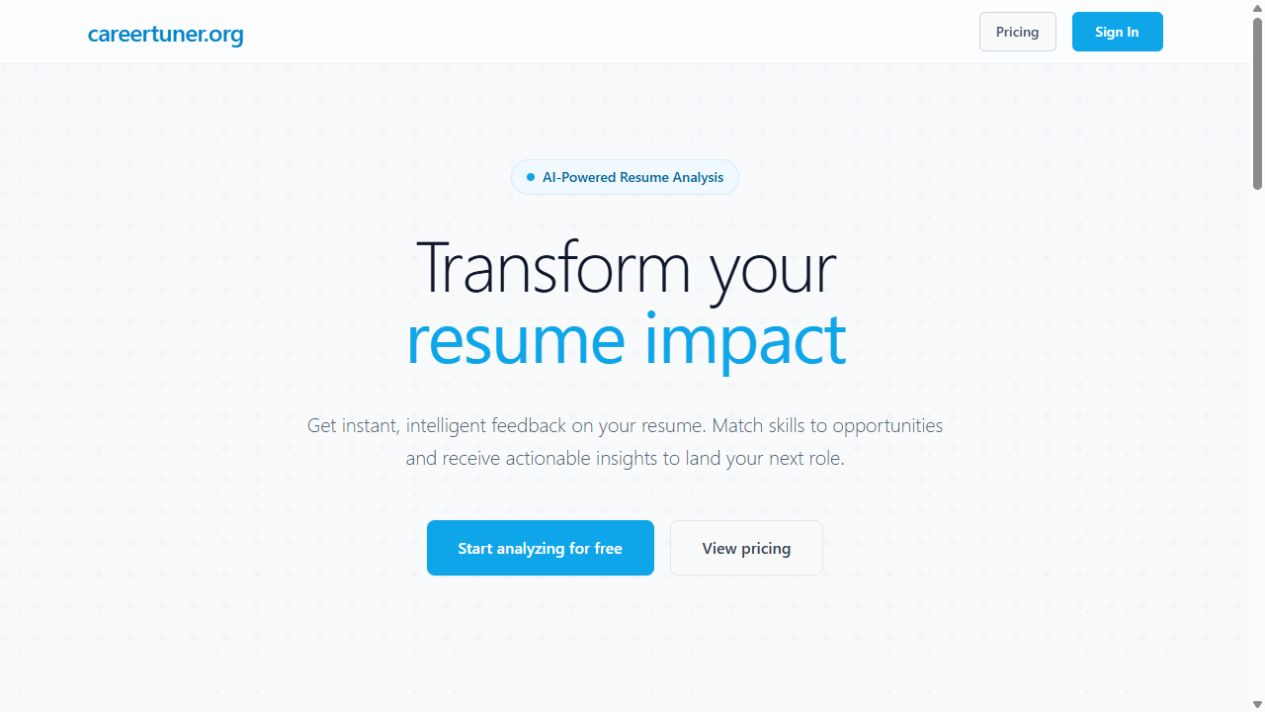 Live CareerTuner resume analysis homepage