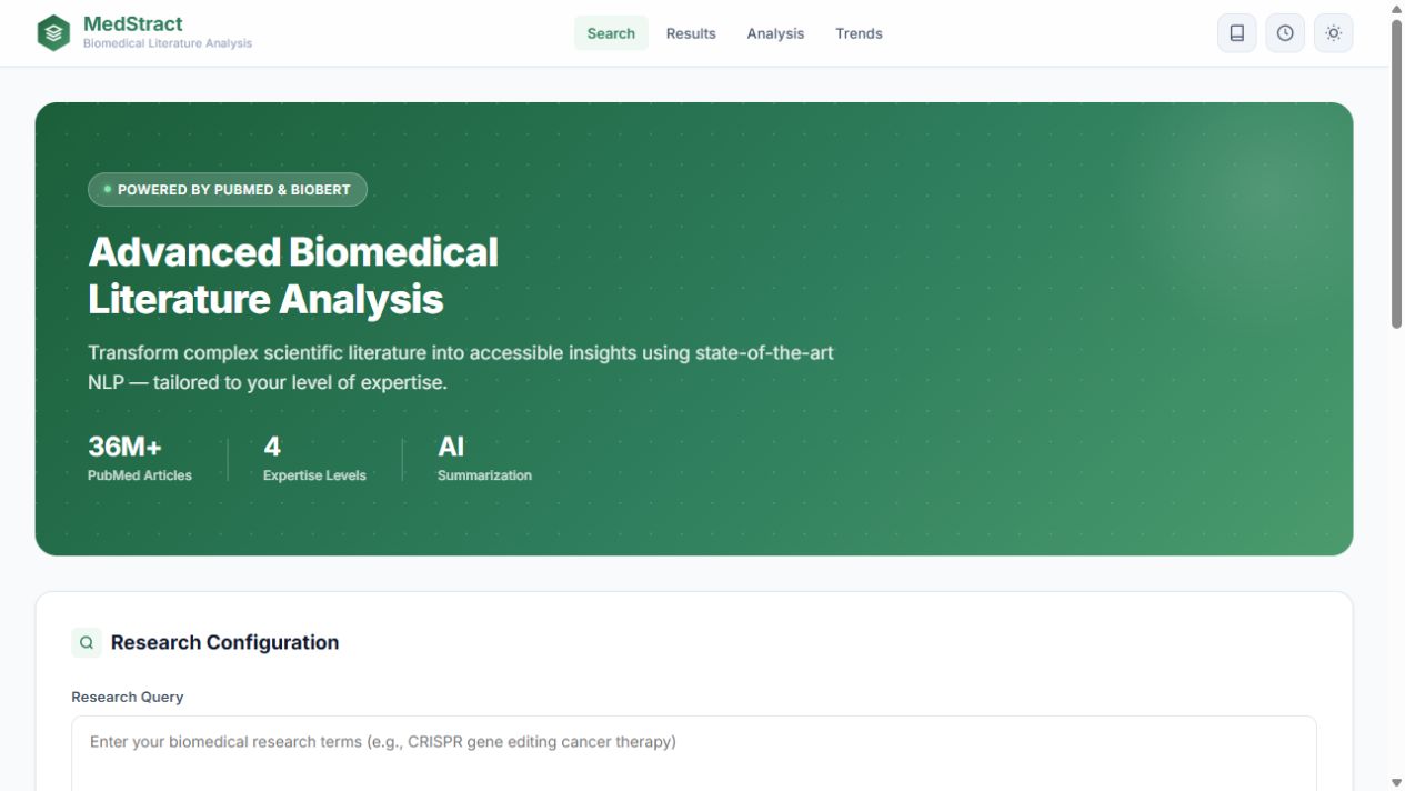 Live MedStract biomedical literature analysis homepage