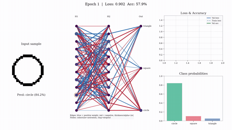 Animated map of an MLP learning to classify shapes, showing activations, weights, and dropout